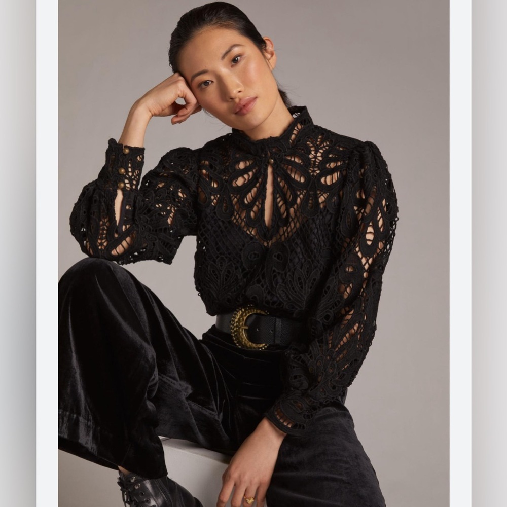 Anthropologie black lace sheer blouse